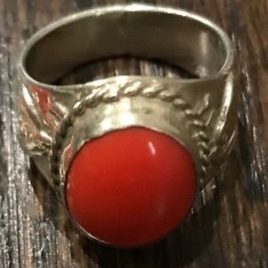Red Coral Sterling Silver SW Ring w/ Horse Detail